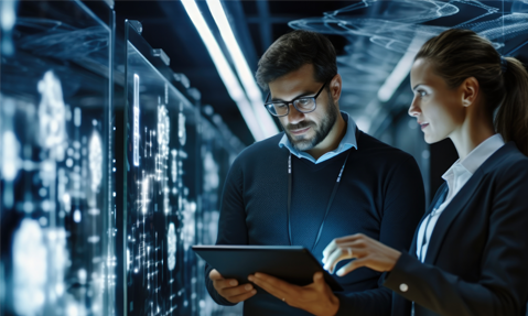 Man and woman with tablet in server room