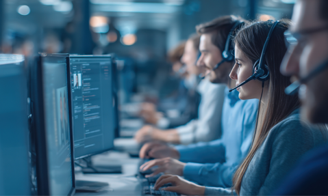 People on desktops with headsets